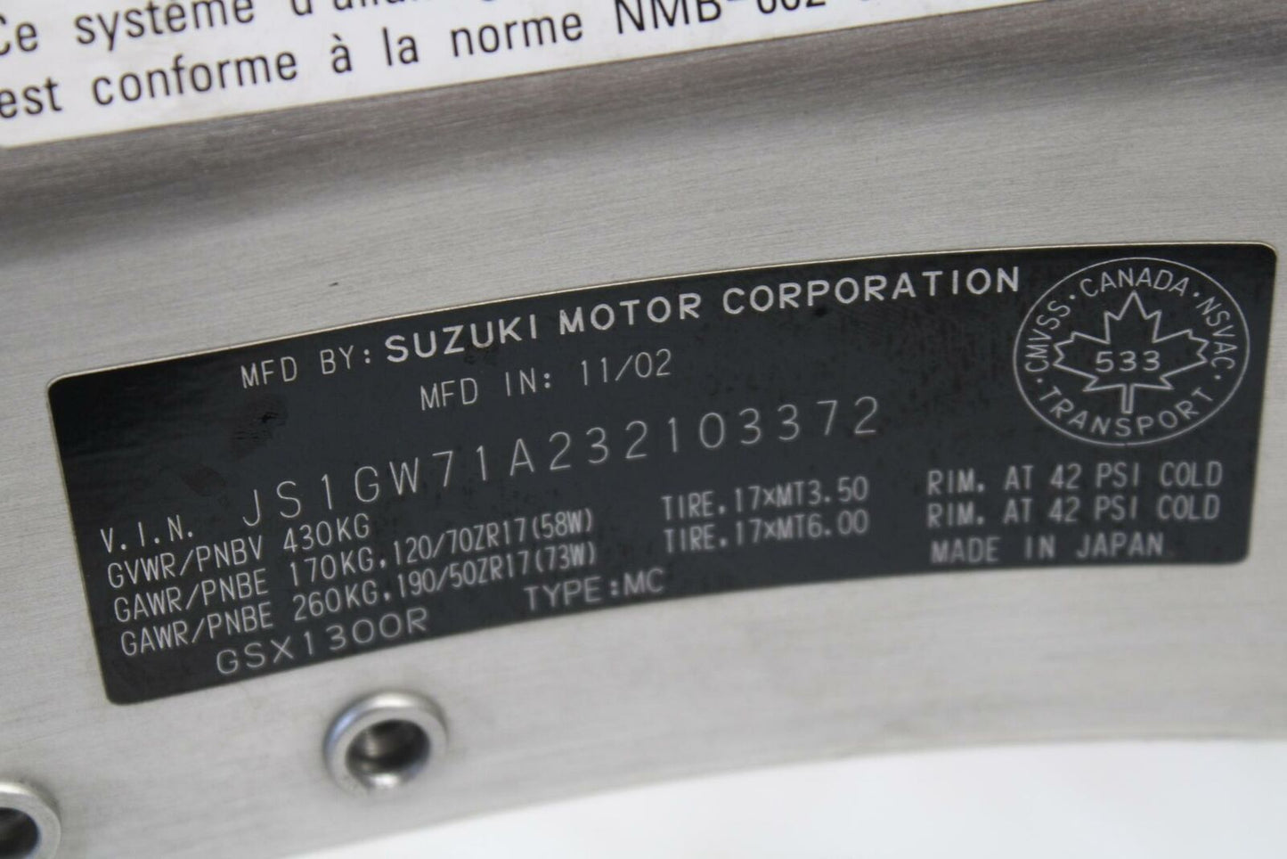 00-07 SUZUKI HAYABUSA FRAME CHASSIS 41100-24F12-291 BB280