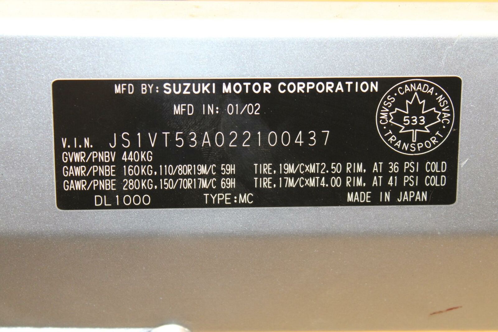 02-03 SUZUKI VSTROM 1000 FRAME CHASSI BB331