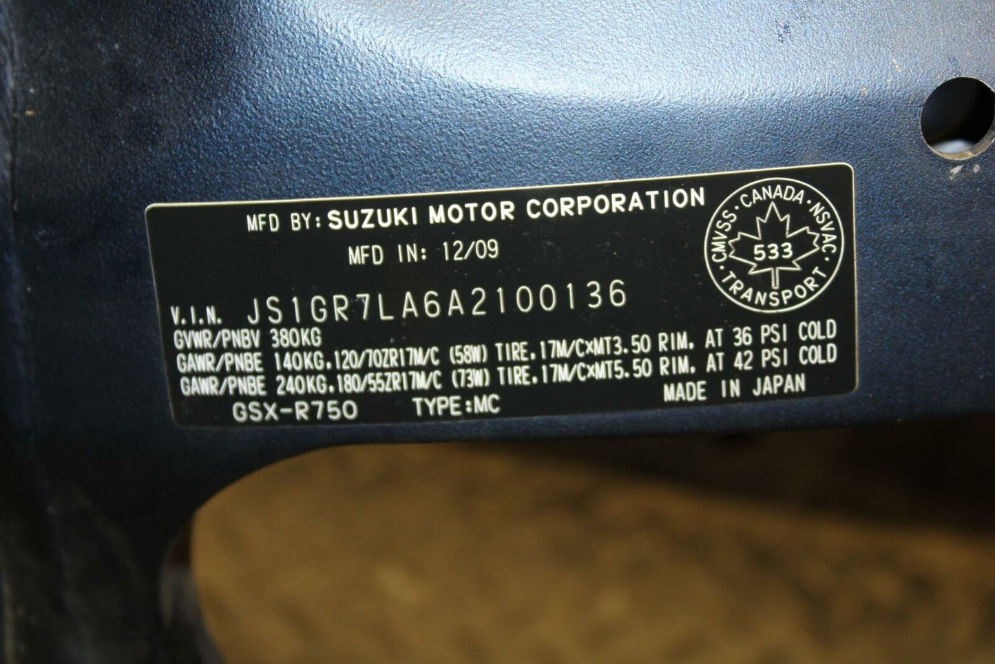 10 SUZUKI GSXR750 FRAME CHASSIS bb190