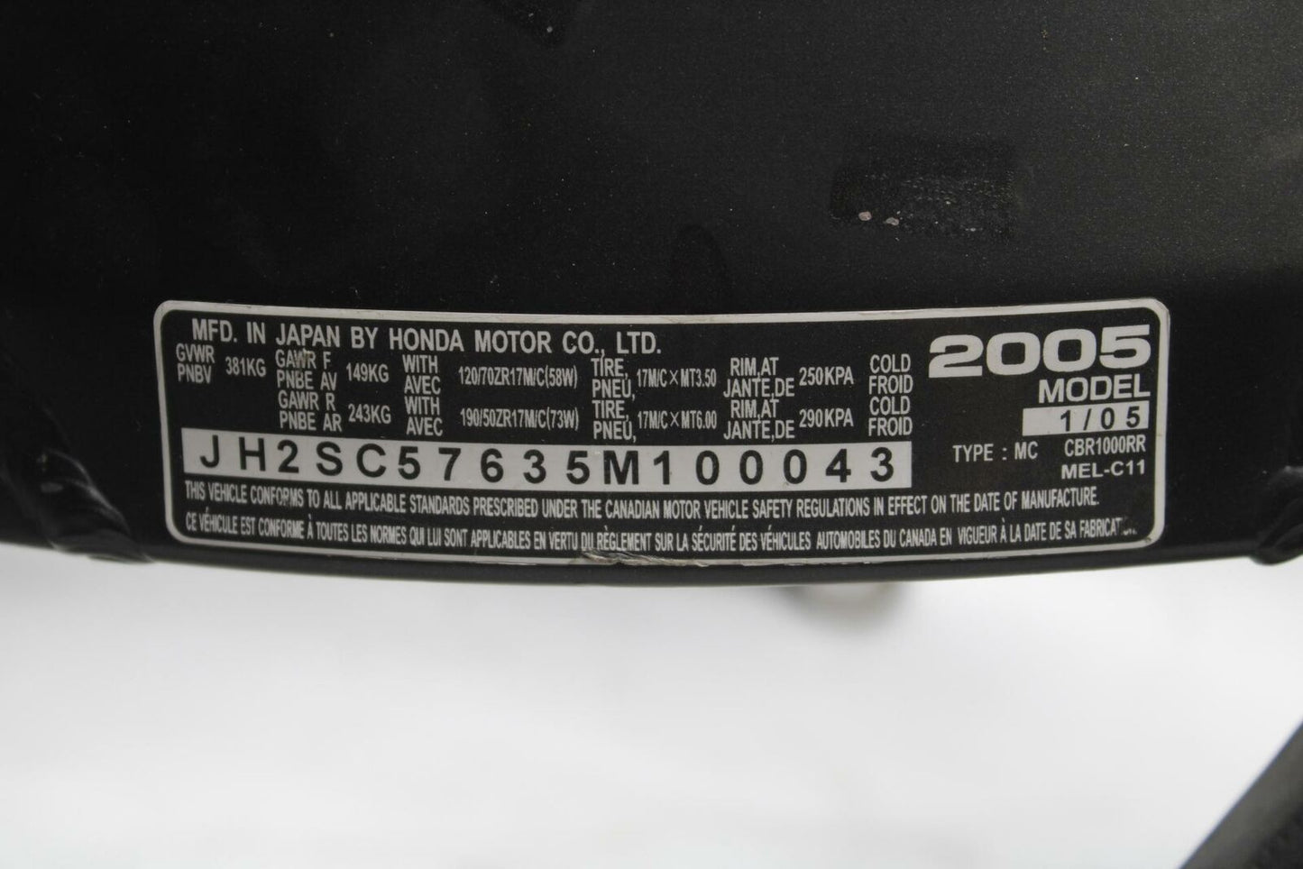 04-05 HONDA CBR1000RR FRAME CHASSIS BB285