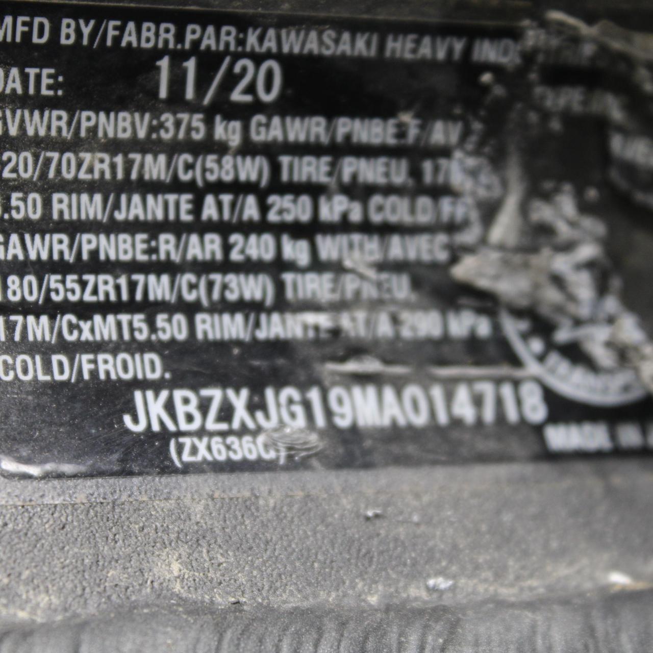 21 KAWASAKI NINJA ZX6R FRAME CHASSIS 32160-0982 BB647