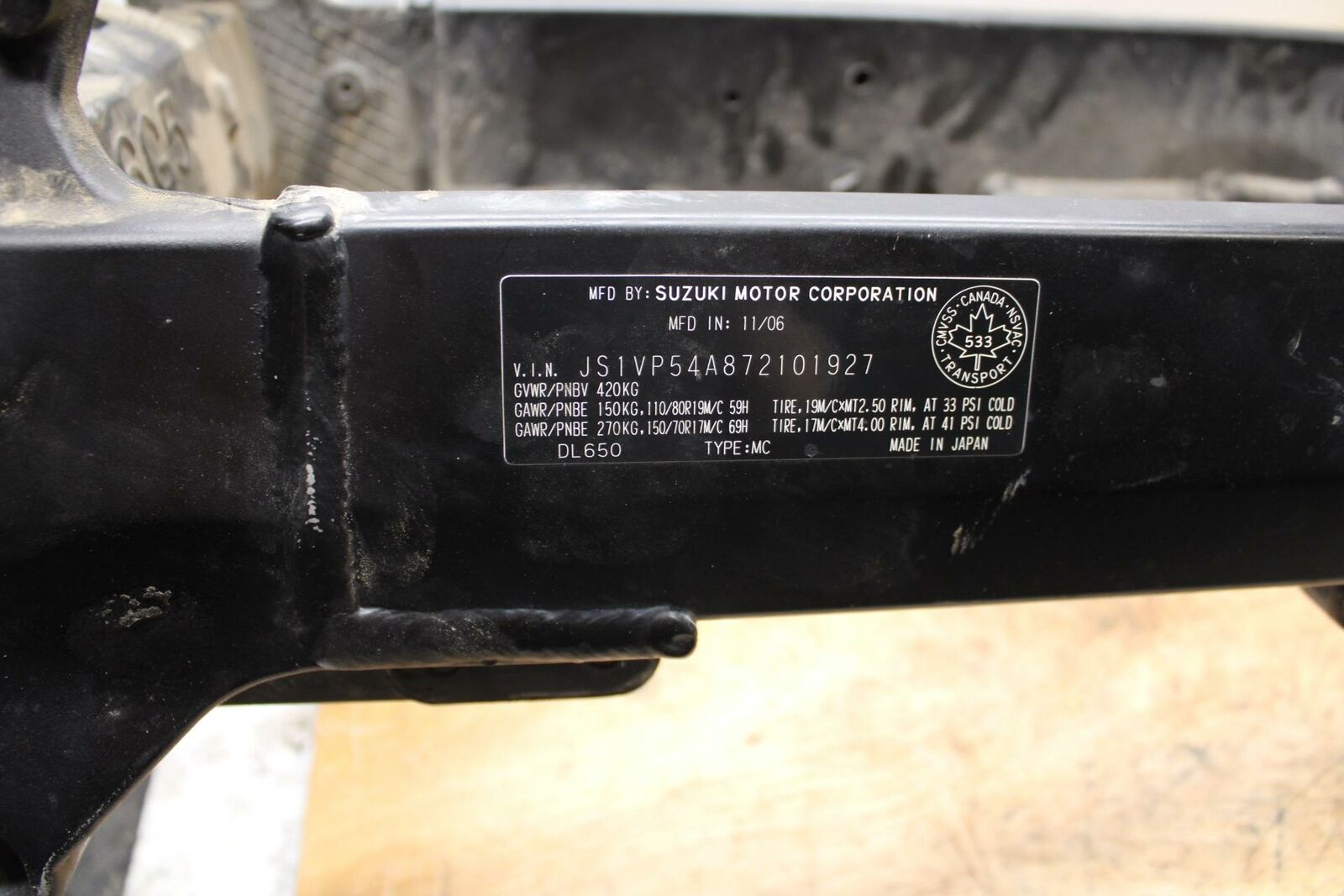 07-11 SUZUKI VSTROM 650 FRAME CHASSIS BB340
